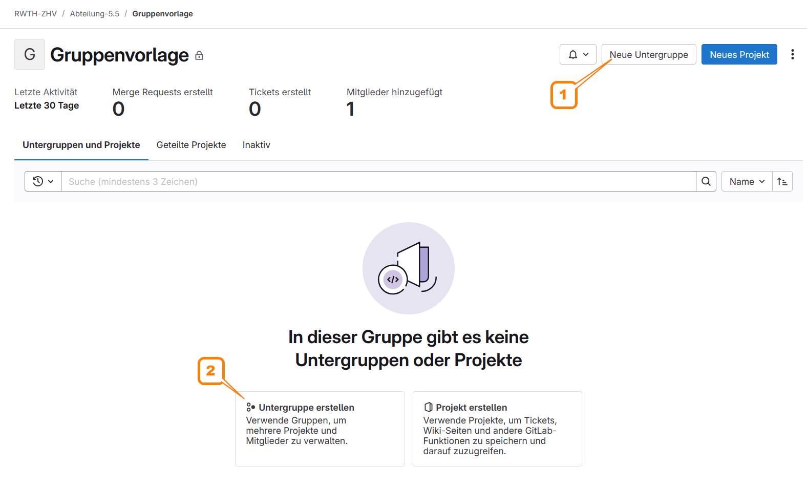 The numbers 1 and 2 indicate where to click to create a group.