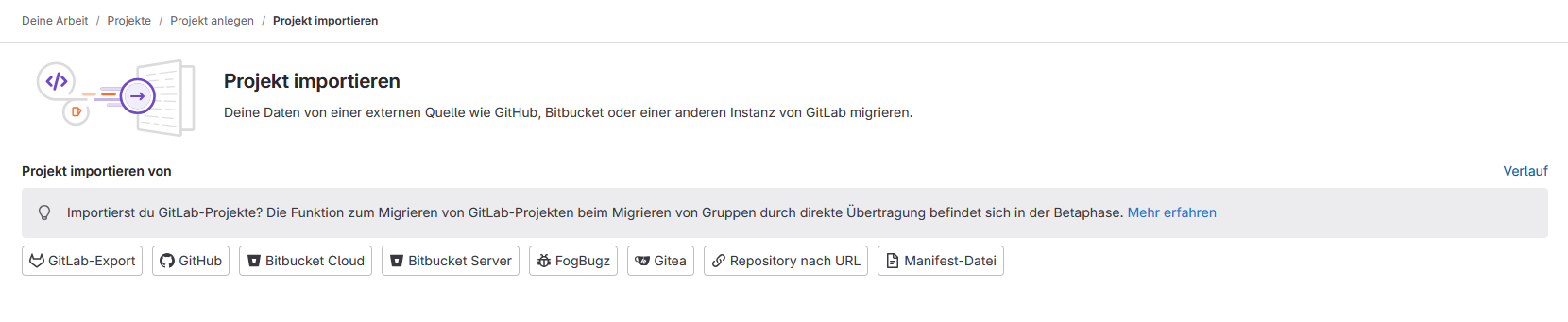 The screenshot shows the left-aligned button “GitLab Export”, which must be clicked to import a project template.